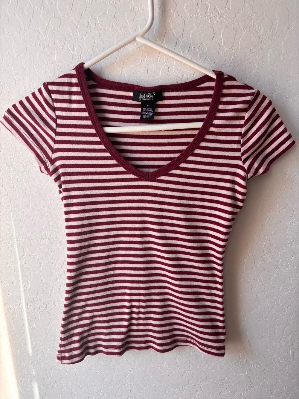 Just My Size Burgundy & White Striped V-Neck Short Sleeve Tee